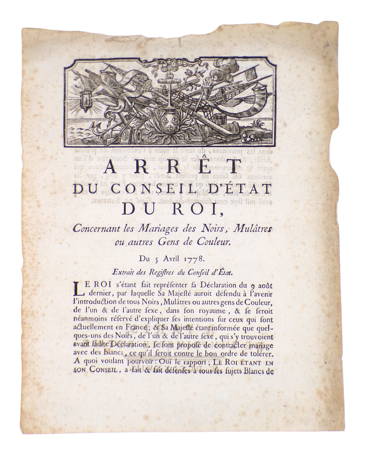 Arrêt du Conseil d’État du Roi, concernant les mariages des noirs, 1778.