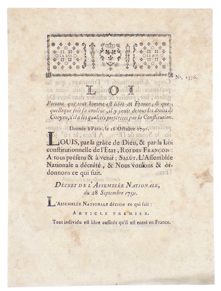 Loi portant que tout homme est libre en France, Caen 1791.