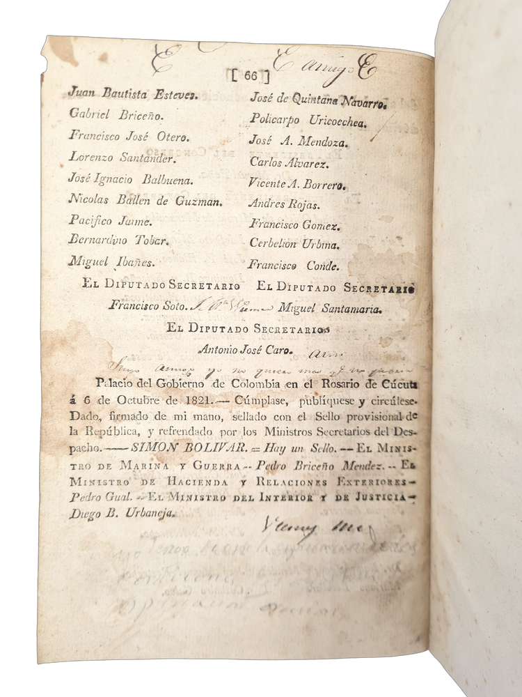 Bolivar, Constitucion de la Republica de Colombia, 1821.