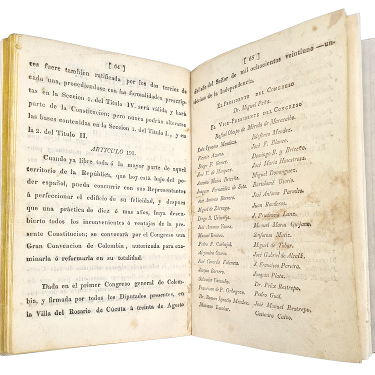 Bolivar, Constitucion de la Republica de Colombia, 1821.
