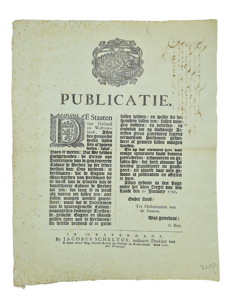 By octrooy aan directeuren van de geoctroyeerde Colonie van Berbice, 1752.