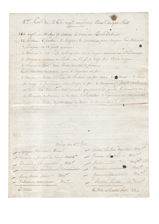 A complete cotton plantation inventory, with 175 enslaved individuals, likely from the Seychelles