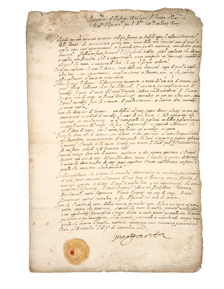 Margaret of Parma secures her finances before leaving the Netherlands