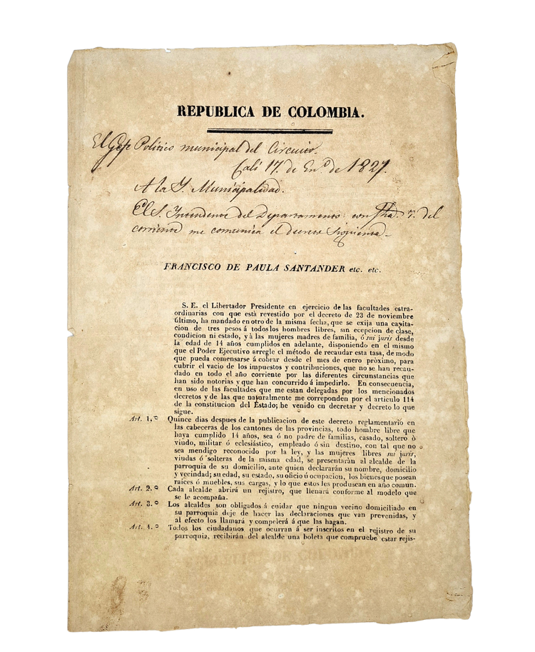 Francisco de Paula Santander, Republica de Colombia, 1826.
