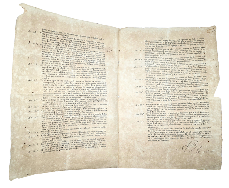 Francisco de Paula Santander, Republica de Colombia, 1826.