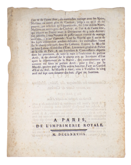 Arrêt du Conseil d’État du Roi, concernant les mariages des noirs, 1778.