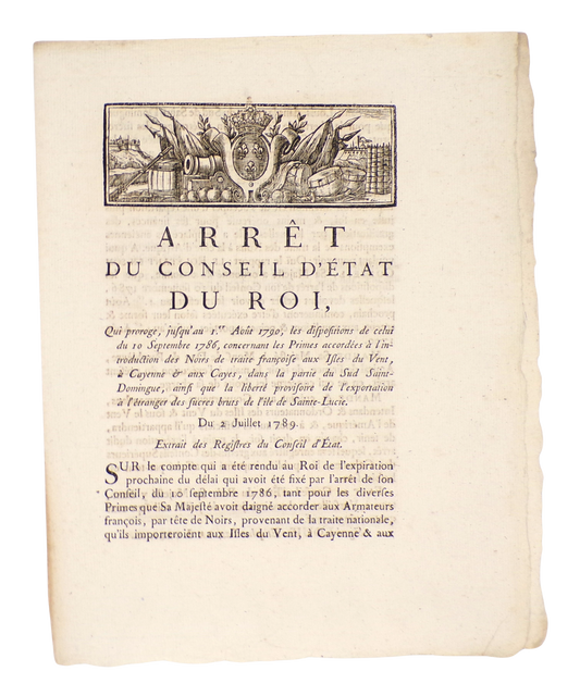 Les primes accordées à l'introduction des Noirs [...] des suces bruts, 1789.