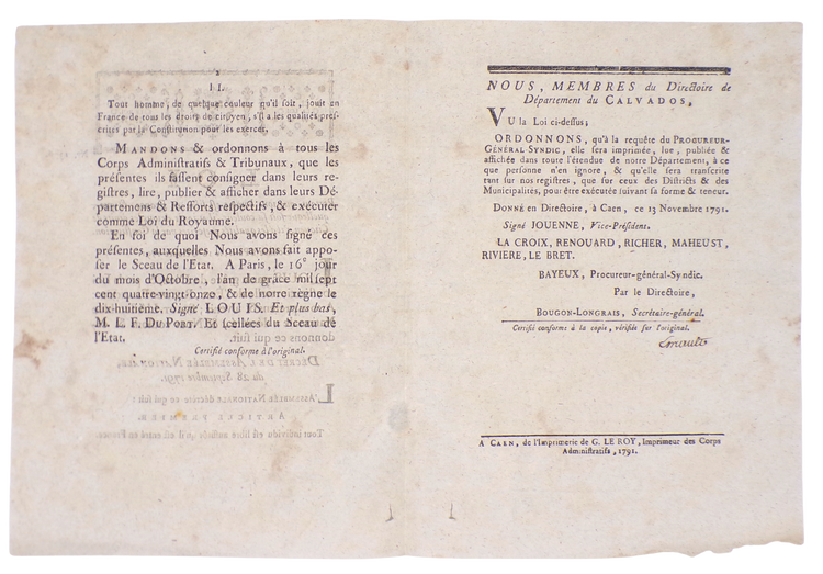 Loi portant que tout homme est libre en France, Caen 1791.
