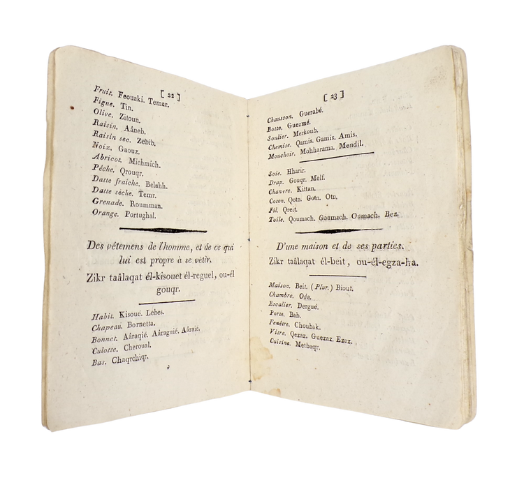 The first dictionary printed in the Arab world, made in Cairo to help the French speak the local dialect.