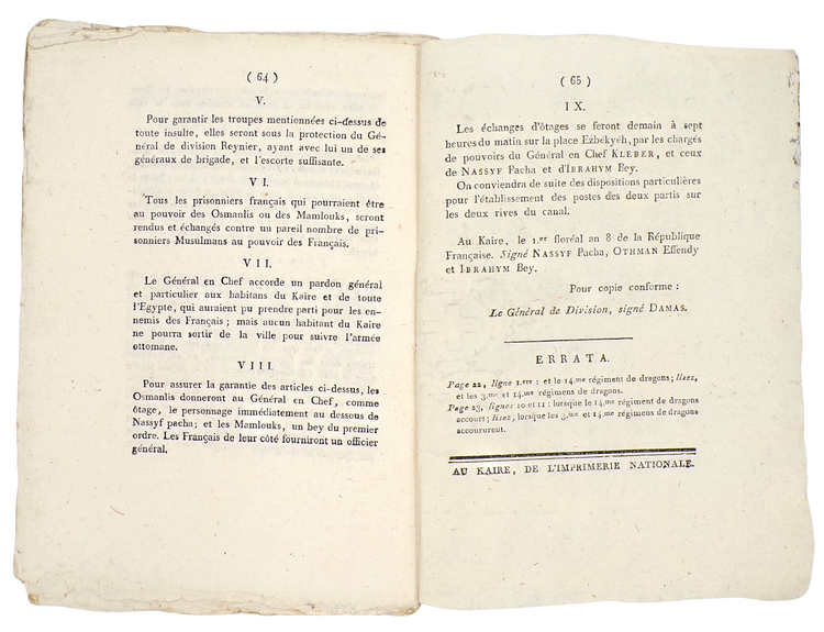 Kléber’s last report; presentation copy inscribed to the commander of the French Engineering Corps in Egypt