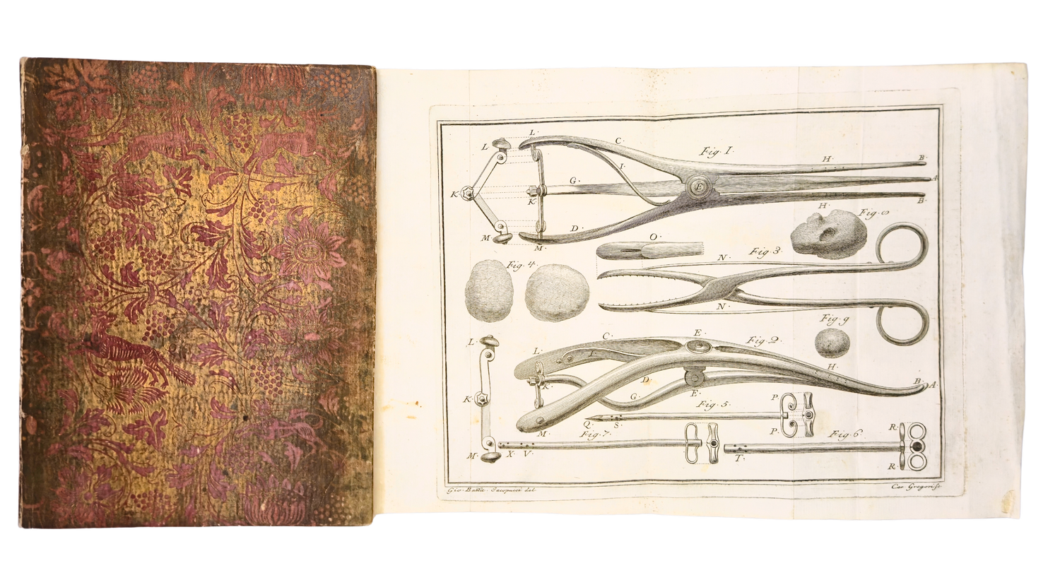 The fully unfolded engraved plate of surgical instruments, with the decorated binding of Masotti’s Lettera, 1756.