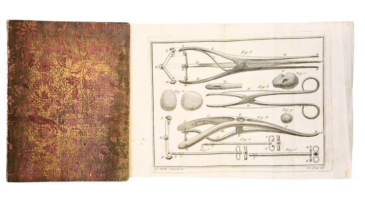 The fully unfolded engraved plate of surgical instruments, with the decorated binding of Masotti’s Lettera, 1756.