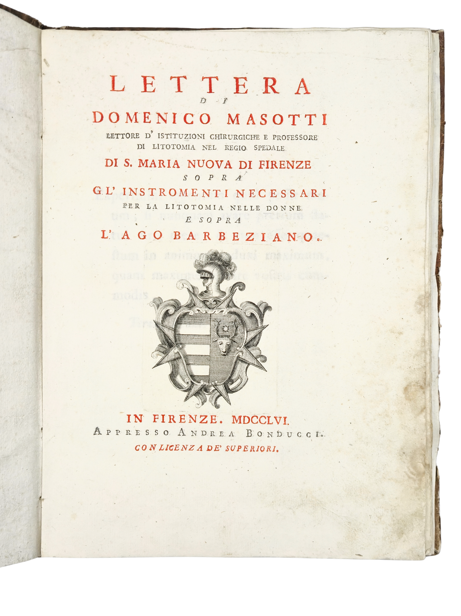 Title page of Domenico Masotti’s Lettera, Florence, Andrea Bonducci, 1756, printed in red and black.