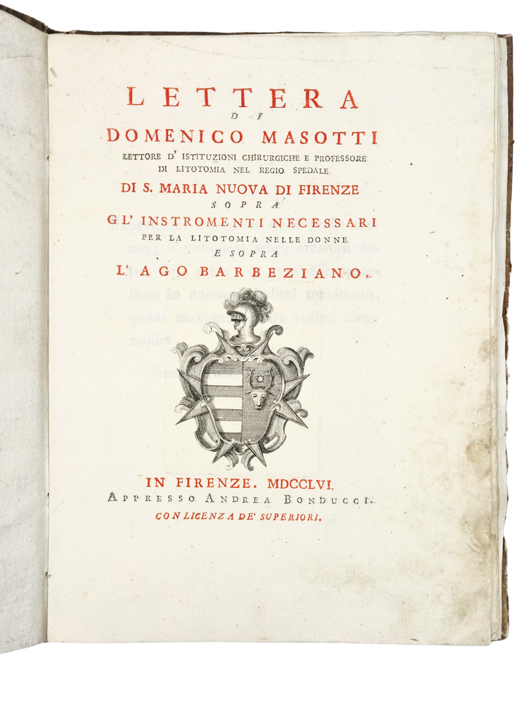 Title page of Domenico Masotti’s Lettera, Florence, Andrea Bonducci, 1756, printed in red and black.