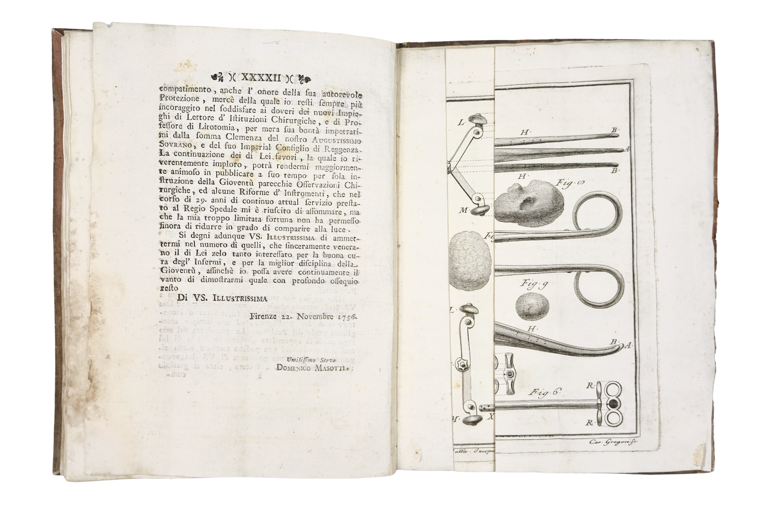 Masotti’s text beside the partly folded engraved plate, with the full open book visible.