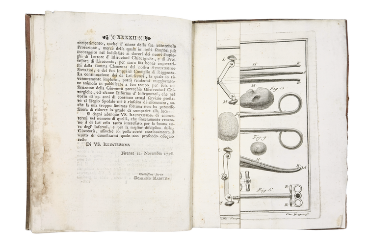Masotti’s text beside the partly folded engraved plate, with the full open book visible.