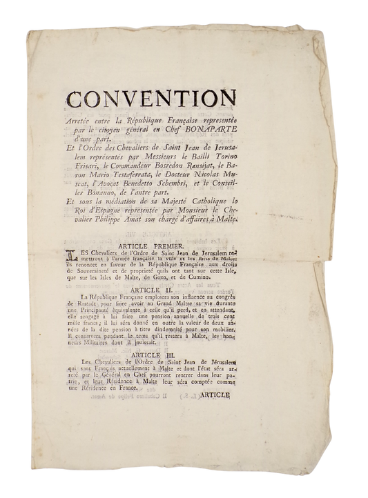 The first printed edition of the terms of Malta's capitulation to Napoleon: printed in Malta!