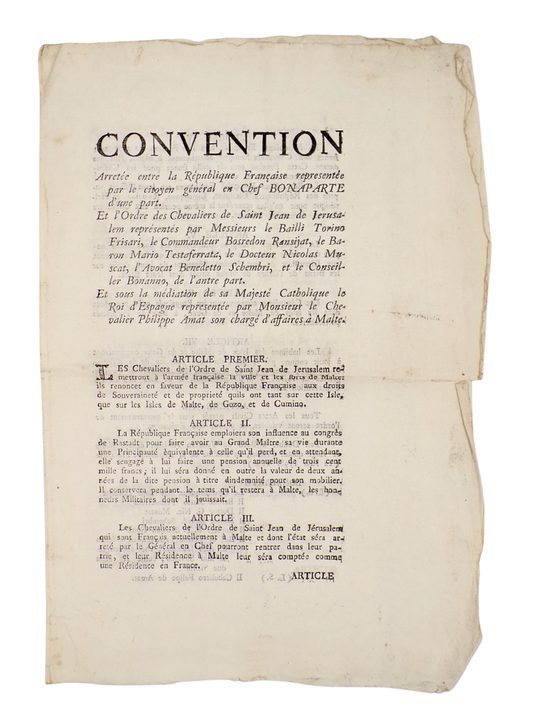 The first printed edition of the terms of Malta's capitulation to Napoleon: printed in Malta!