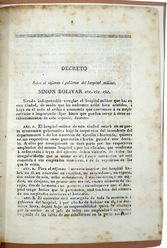 Bolivar improves medical services in Venezuela, Caracas 1827.