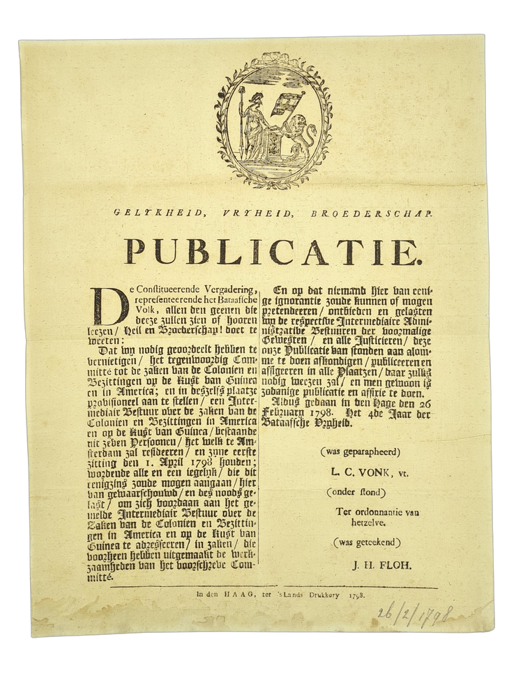 Intermediair Bestuur over de zaken van de Colonien en Bezittingen in America en op de kust van Guinea, 1798.