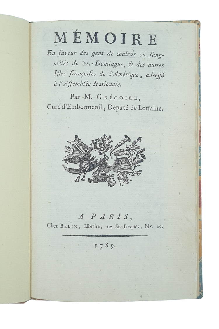 Grégoire, Mémoire en faveur des gens de couleur ou sang-mêlés de St.-Domingue, & des autres Isles françoises de l'Amérique, 1789.