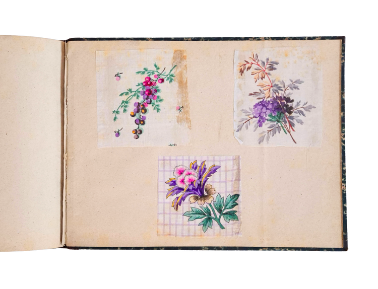 Album of vividly coloured floral printed textile designs