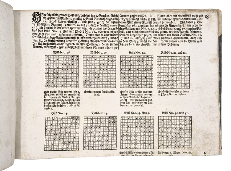 Rare 18th-century weaving pattern book with 72 full-page designs