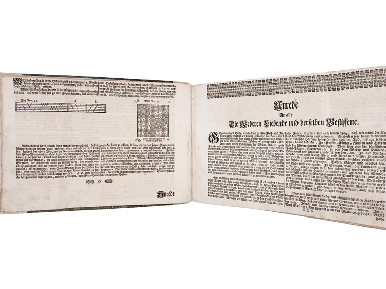 Rare 18th-century weaving pattern book with 72 full-page designs