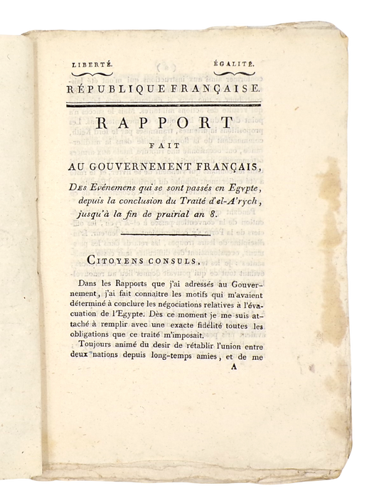 Kléber’s last report; presentation copy inscribed to the commander of the French Engineering Corps in Egypt