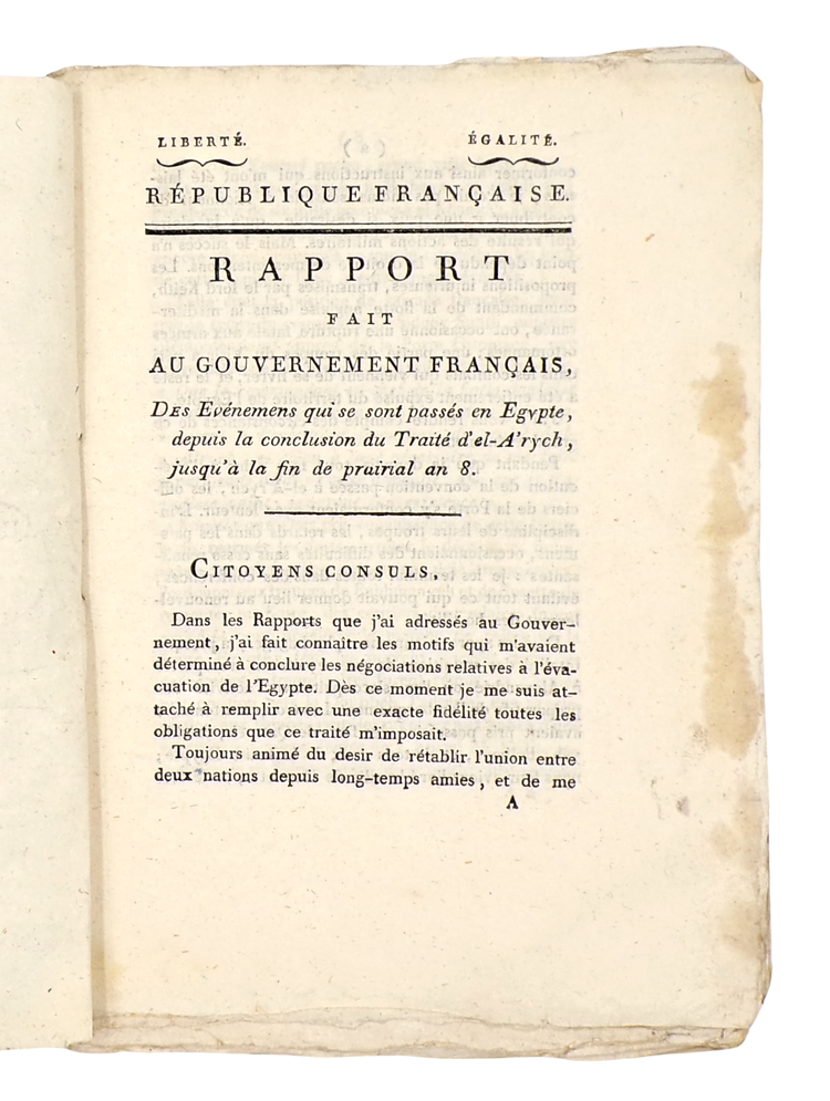 Kléber’s last report; presentation copy inscribed to the commander of the French Engineering Corps in Egypt