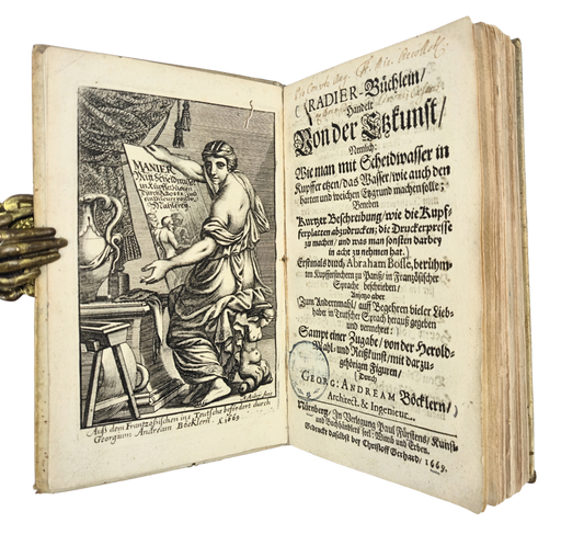 An expanded edition of Bosse’s etching and engraving manual, bound in a medieval leaf
