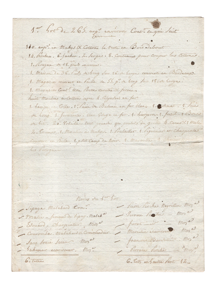 A complete cotton plantation inventory, with 175 enslaved individuals, likely from the Seychelles