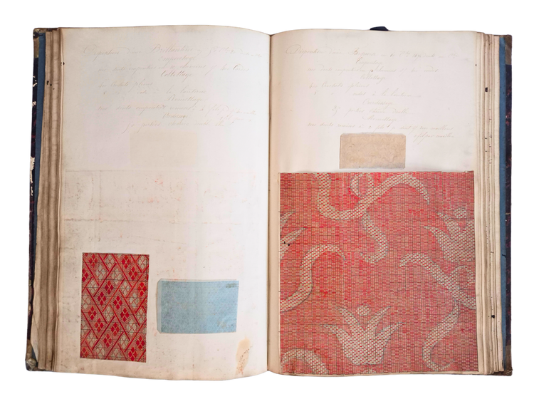 Exceptional large manuscript on silk weaving, with technical drafts, mounted fabric samples, and silk-trade accounts.