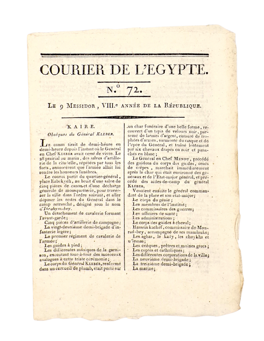 Account of the funeral of General Kléber in the first newspaper published in the Arab world