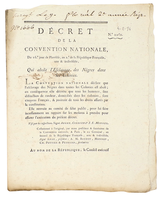 Qui abolit l’esclavage des nègres dans les colonies, Paris 1794.