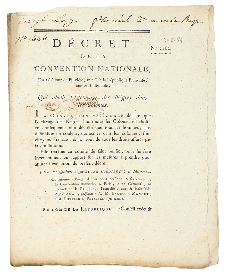 Qui abolit l’esclavage des nègres dans les colonies, Paris 1794.
