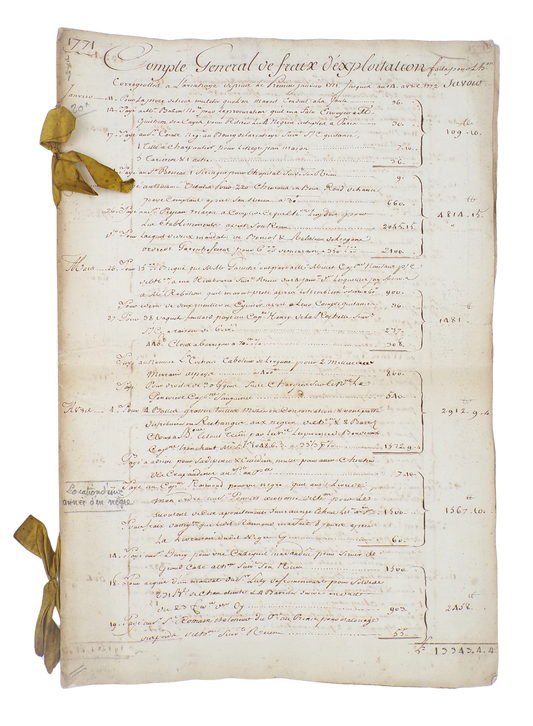 Manuscript bookkeeping record for the Corregeoles sugar plantation in Haiti (1771-1773)