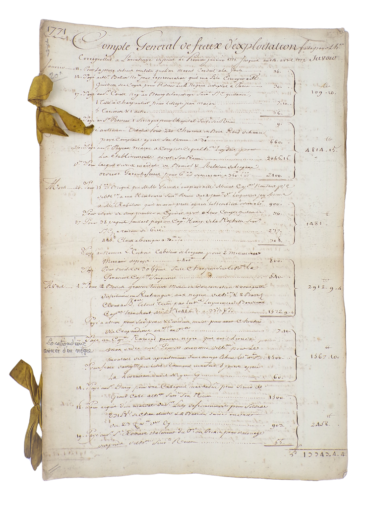 Manuscript bookkeeping record for the Corregeoles sugar plantation in Haiti (1771-1773)