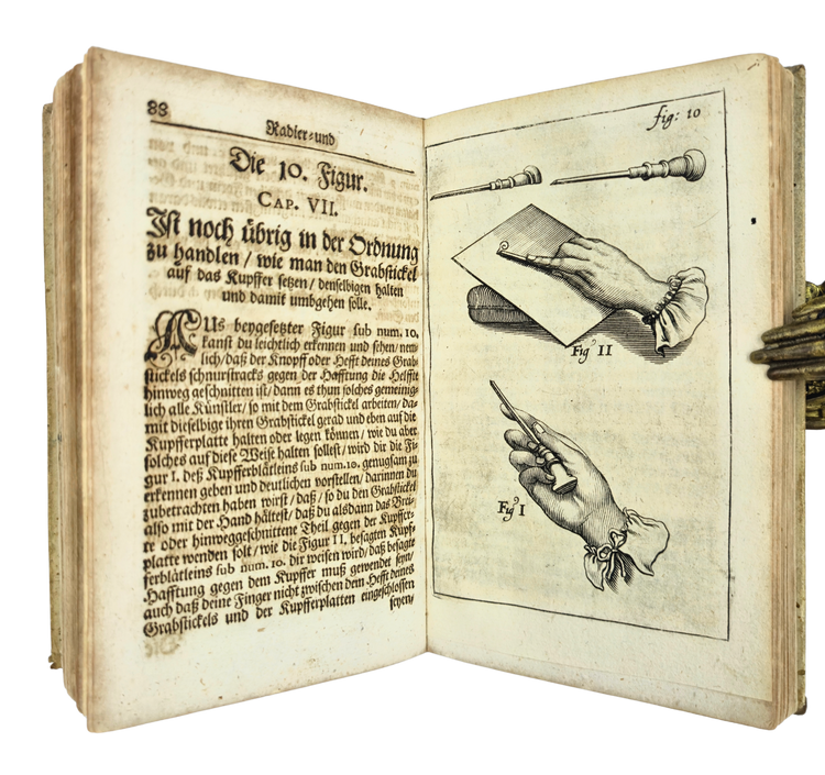 An expanded edition of Bosse’s etching and engraving manual, bound in a medieval leaf