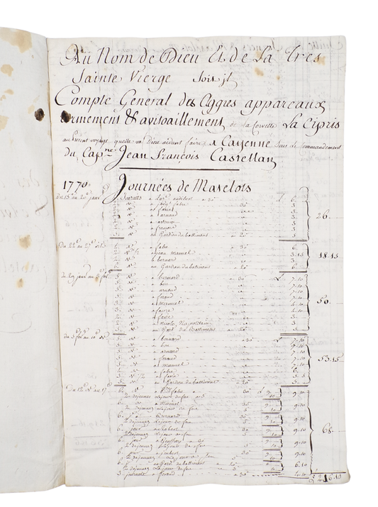 Pair of outfitting manuscripts for voyages to Cayenne (1768 & 1770)