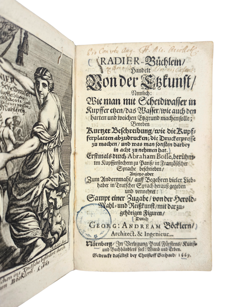 An expanded edition of Bosse’s etching and engraving manual, bound in a medieval leaf