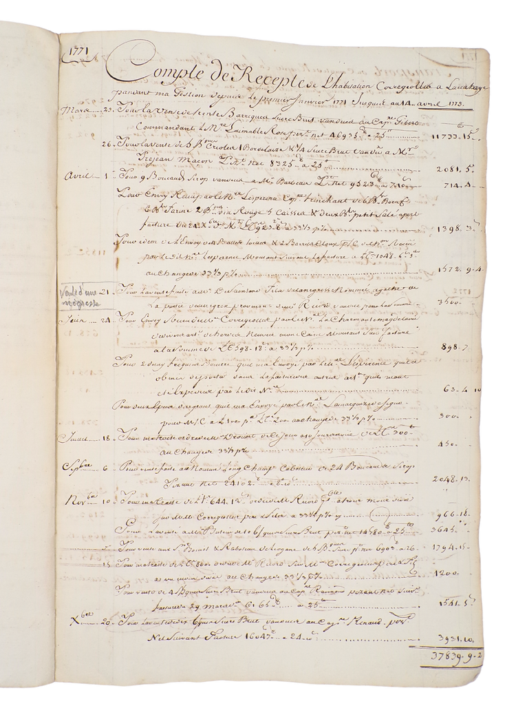 Manuscript bookkeeping record for the Corregeoles sugar plantation in Haiti (1771-1773)