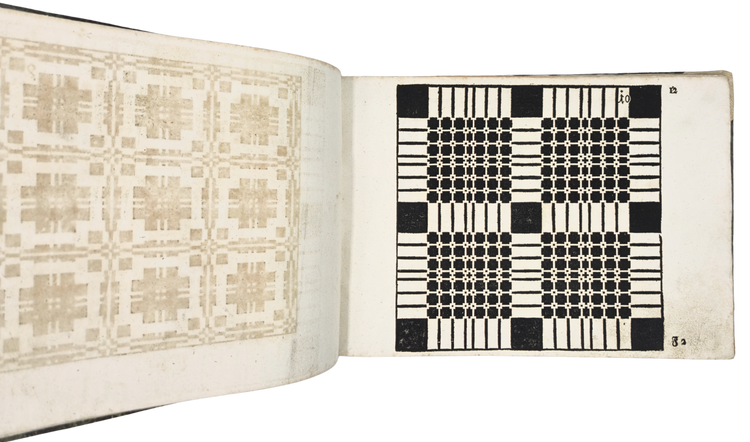 Rare 18th-century weaving pattern book with 72 full-page designs