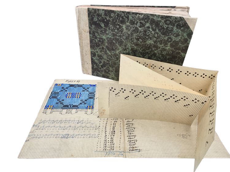 Rare 18th-century weaving pattern book with 72 full-page designs