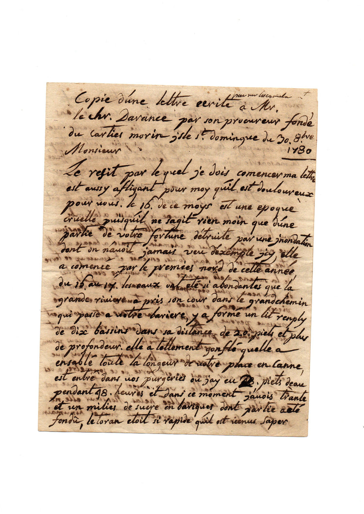 Catastrophic flood and colonial coercion: manuscript letter on the destruction of a Haitian sugar plantation.