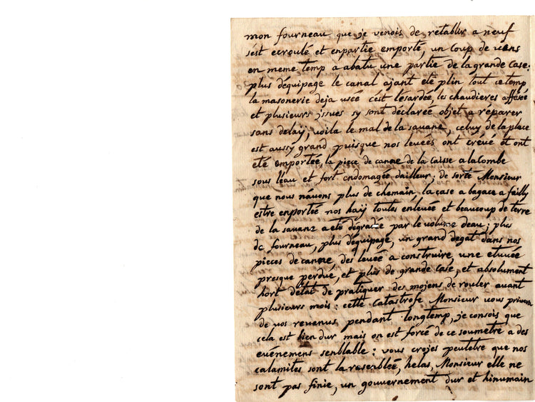 Catastrophic flood and colonial coercion: manuscript letter on the destruction of a Haitian sugar plantation.